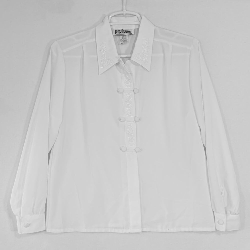 Petite Impressions Vintage Blouse Womens Ladies 4 White Embroidy Double Button